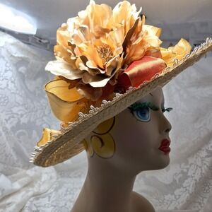 Vintage Straw Hat Wide Brim Floral‎ Derby Wedding Party Occasion